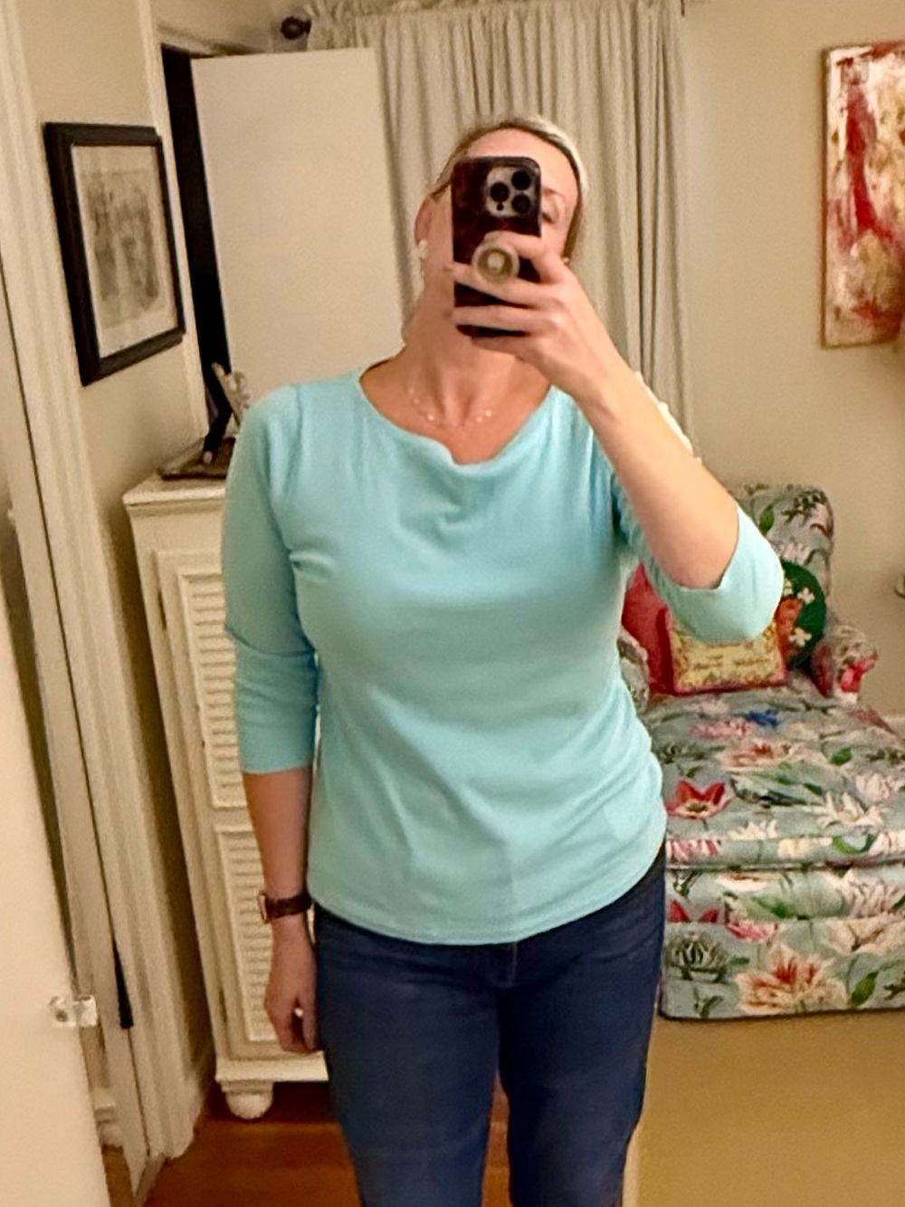 THE TALBOTS TEE SEA SALT BLUE SOLID BATEAU NECK TEE PIMA COTTON - Picture 2 of 6